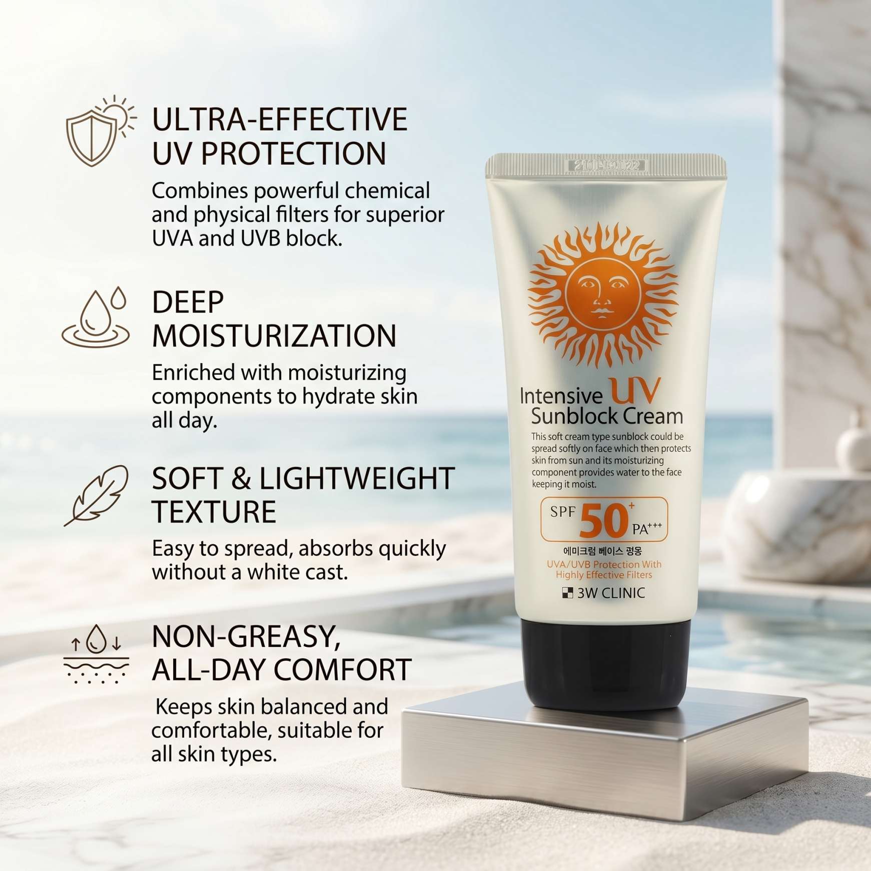 3w clinic intensive Uv sunblock cream spf50 Pa+++ - 70ml
